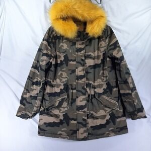 Ci Sono by Cavalini Camo Parka Jacket‎ Yellow Faux Fur Hood Green Brown Large